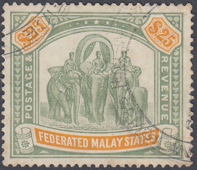 STAMPS Federated Malayian States $2 used example dated postmark and $25 used (both appear to be