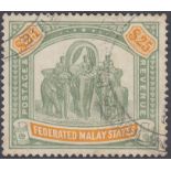 STAMPS Federated Malayian States $2 used example dated postmark and $25 used (both appear to be