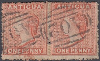 STAMPS ANTIGUA 1867 1d Vermillion used pair with sideways wmk SG 7b