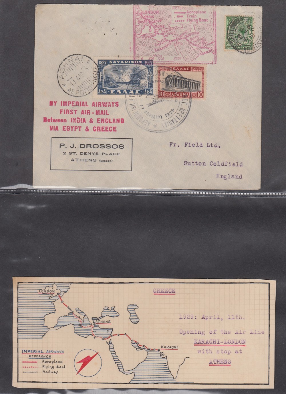 STAMPS AIRMAIL: GREECE, 1929 Imperial Airways Service from Karachi to London.