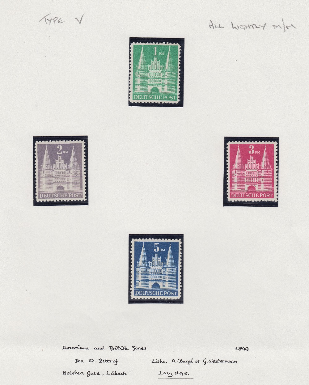 STAMPS BRITISH & AMERICAN ZONES, 1949 Holstentor, Lubeck issues, type V (long steps),