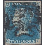 GREAT BRITAIN STAMPS : 1840 2d blue, four margin example with a black Maltese Cross (QI).