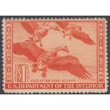 STAMPS USA HUNTING PERMITS, 1944 $1 red orange, White-fronted Geese, U/M, Scott RW11.