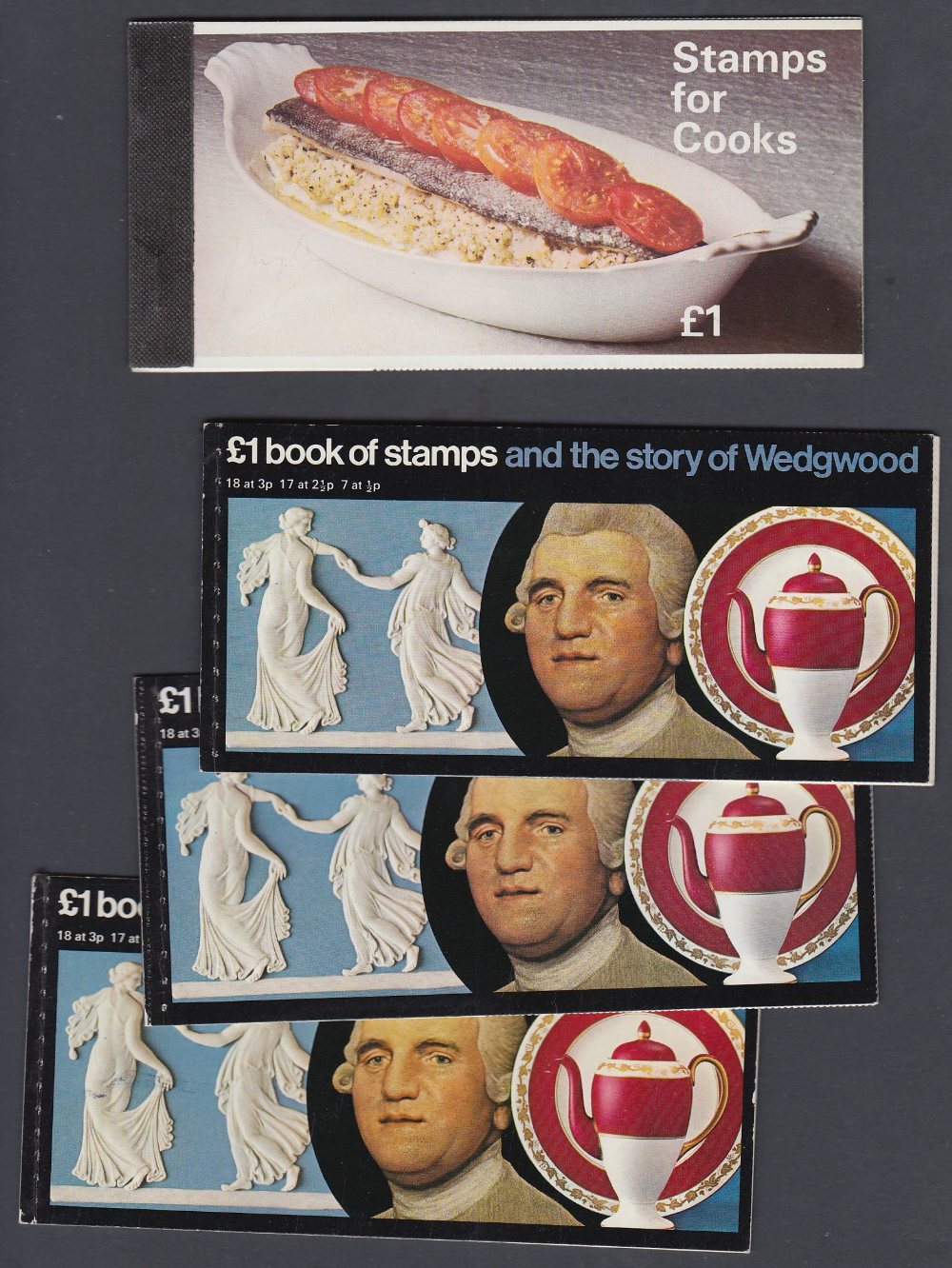 GREAT BRITAIN STAMPS : 1969 complete Cooks rare 'stapled' booklet and three 1972 Wedgwood complete