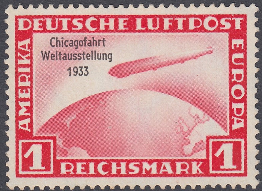 STAMPS GERMANY 1931 2 RM Graf Zeppelin Polar flight stamp & 1 RM Chicago flight Zeppelin stamp.