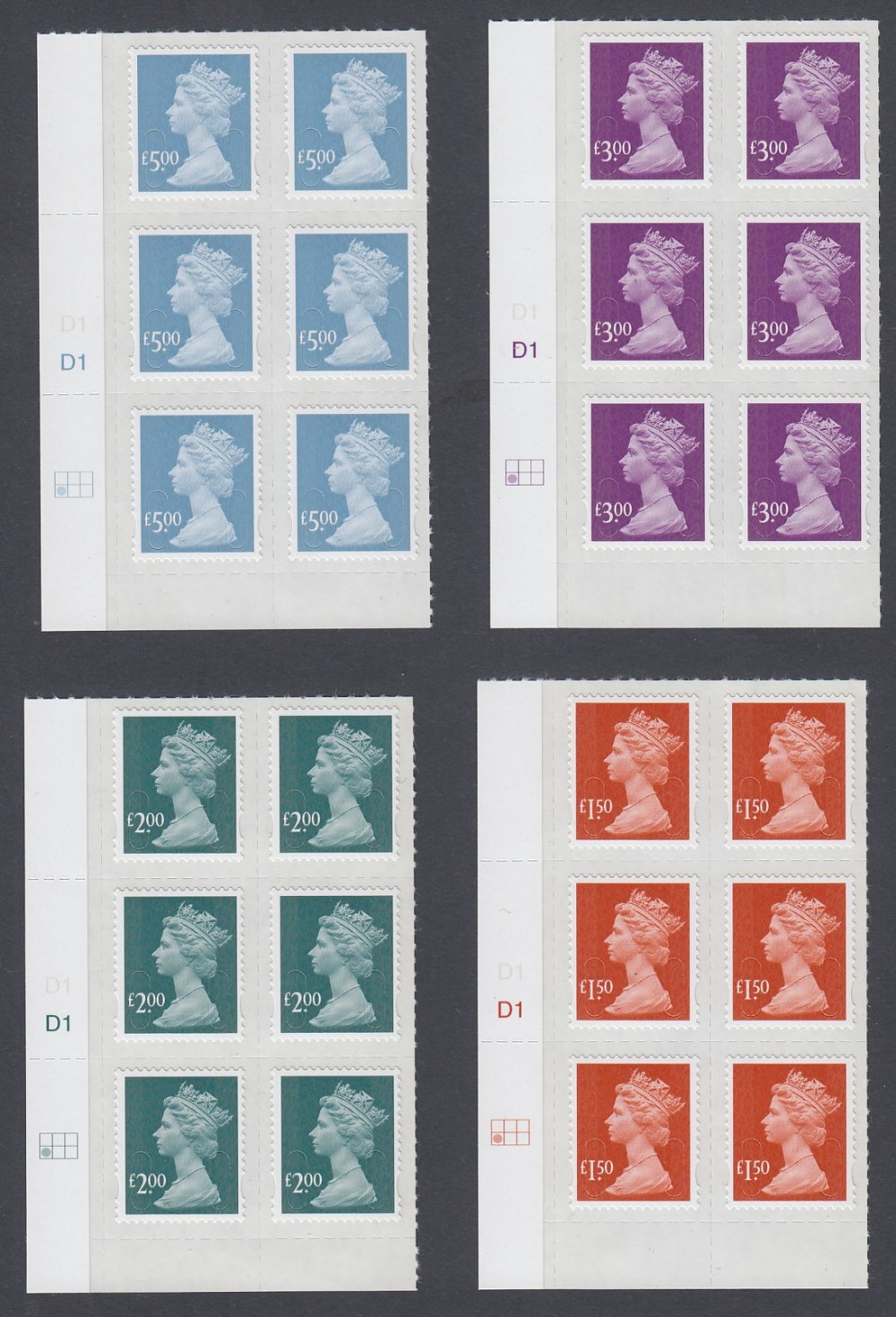 GREAT BRITAIN STAMPS : 1999 Machin High Values self adhesive corner control blocks of six SG