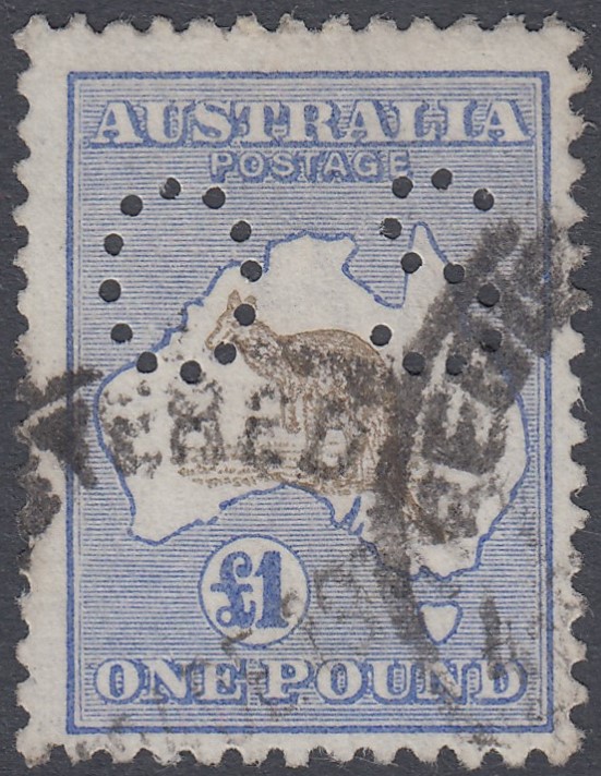 STAMPS AUSTRALIA 1915 £1 chocolate & dull blue with 'OS' perfin,