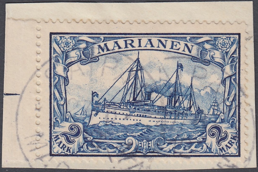 STAMPS : MARIANA ISLANDS, 1901 2 Mark blue, superb fine used on piece with two 'SAIPAN' datestamps,