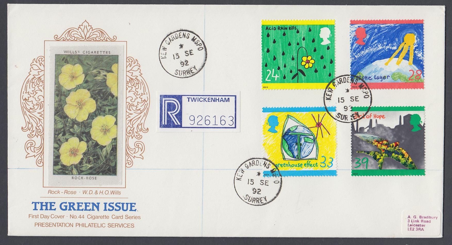 GREAT BRITAIN STAMPS FIRST DAY COVER 1992 Green Issue, PPS illustrated FDC,