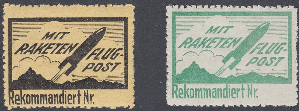 STAMPS : 1935 Rocket Post stamps in green and black,