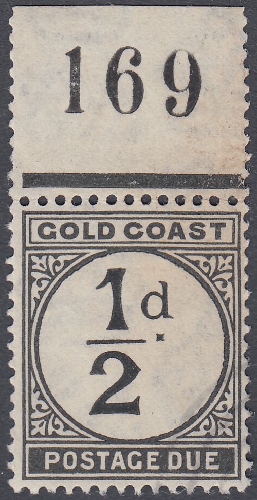 STAMPS GOLD COAST 1923 1/2d Postage Due, fine used , with upper margin with sheet number,