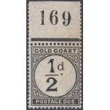 STAMPS GOLD COAST 1923 1/2d Postage Due, fine used , with upper margin with sheet number,