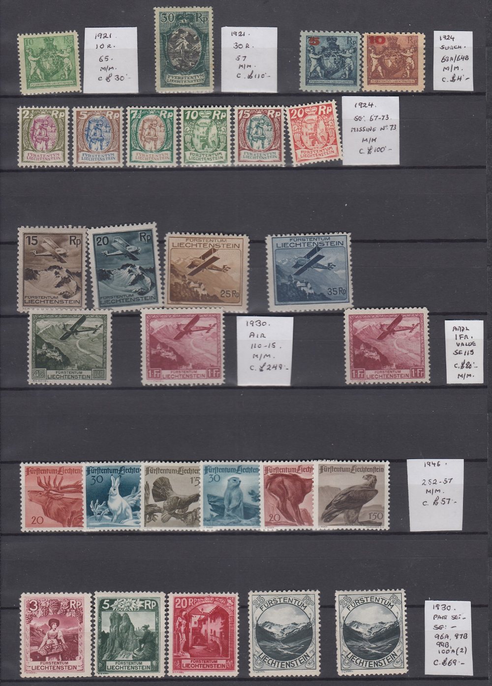 STAMPS LIECHTENSTEIN Stock page with various M/M issues, including 1930 Air set,