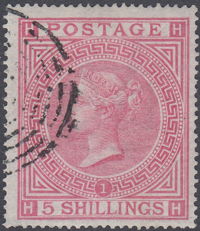 GREAT BRITAIN STAMPS : 1867 5/- Rose plate 1 lettered (HH), fine used,