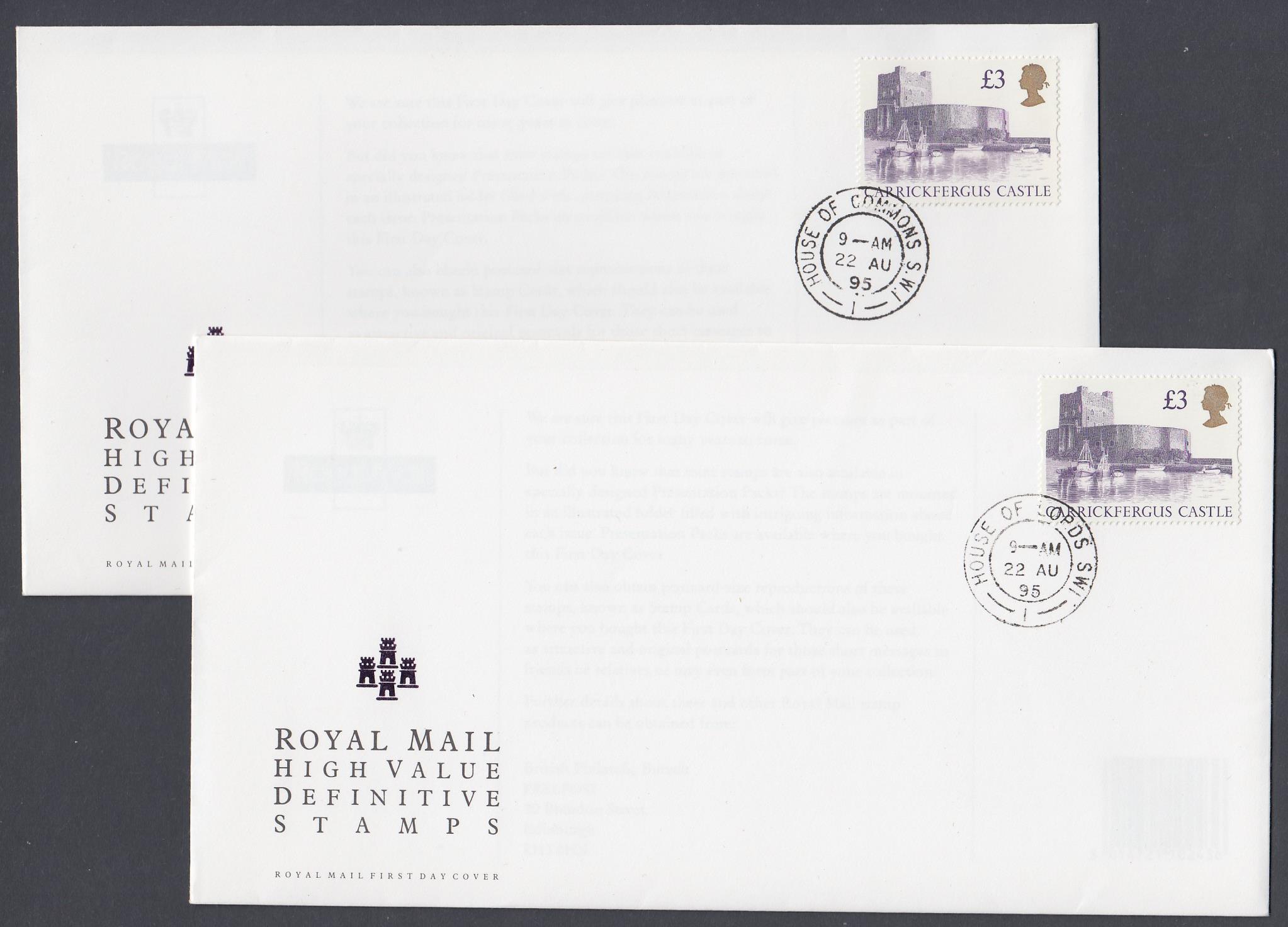 GREAT BRITAIN STAMPS FIRST DAY COVER 1995 22 Aug, £3 Castle high value, pair of Royal Mail FDCs,