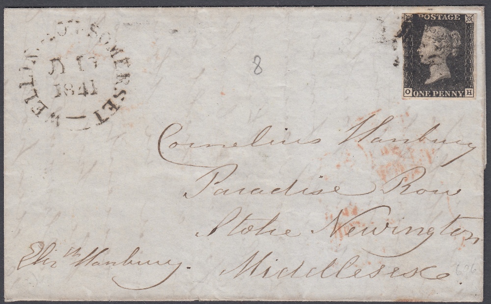 STAMPS GREAT BRITAIN PENNY BLACK Plate 8 four margin example on wrapper, 17th July 1841,