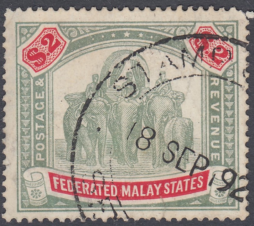 STAMPS Federated Malayian States $2 used example dated postmark and $25 used (both appear to be - Image 2 of 2