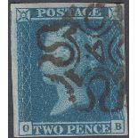 GREAT BRITAIN STAMPS : 1841 2d Blue four margin example lettered (OB) cancelled by No 4 in MX,