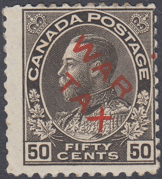 STAMPS CANADA 1915 50c Sepia over printed War Tax in red,