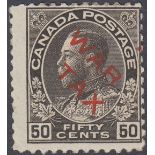 STAMPS CANADA 1915 50c Sepia over printed War Tax in red,