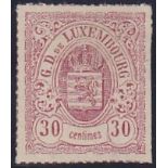 STAMPS LUXEMBOURG 1865-75 30c claret, rouletted in colour, mint without gum, SG 34.