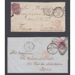 GREAT BRITAIN STAMPS : Two 1870s wrappers with 3d rose surface printed stamps (plate 9 & 16),