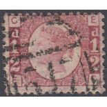 GREAT BRITAIN STAMPS : 1870 1/2d Red plate 9 cancelled by light numeral SG 48 Cat £700
