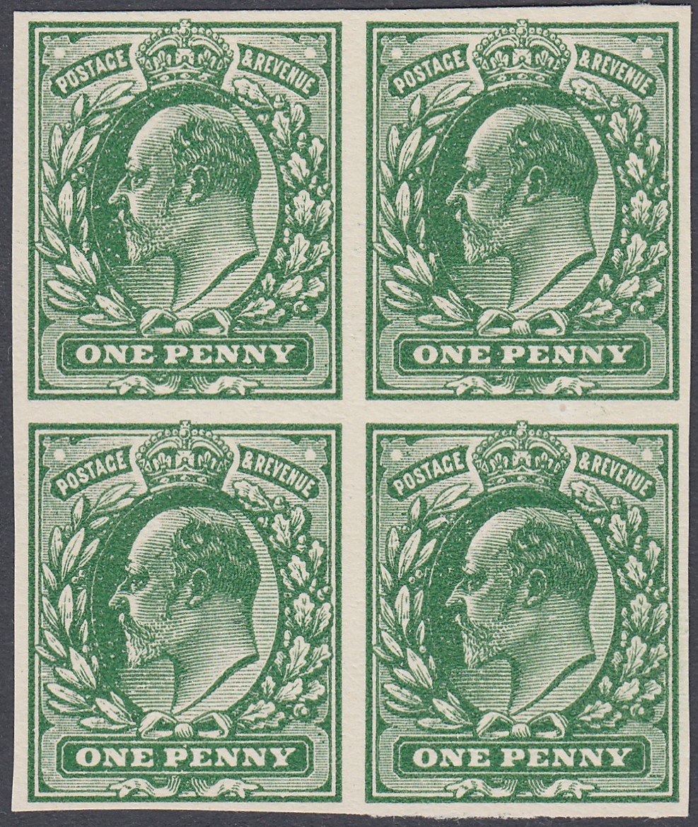 GREAT BRITAIN STAMPS : 1902 1d Deep Green IMPERF proof, superb block of four on white wove card.