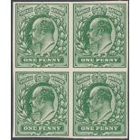 GREAT BRITAIN STAMPS : 1902 1d Deep Green IMPERF proof, superb block of four on white wove card.