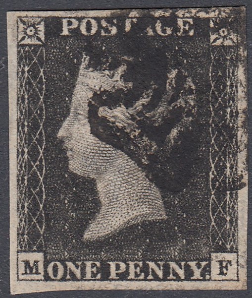 GREAT BRITAIN STAMPS PENNY BLACK Plate 6 , very fine with four large margins,