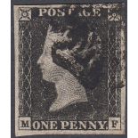 GREAT BRITAIN STAMPS PENNY BLACK Plate 6 , very fine with four large margins,