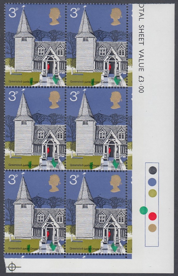 GREAT BRITAIN STAMPS : 1972 Churches 3p, corner mint block of 6 showing shift in Green,