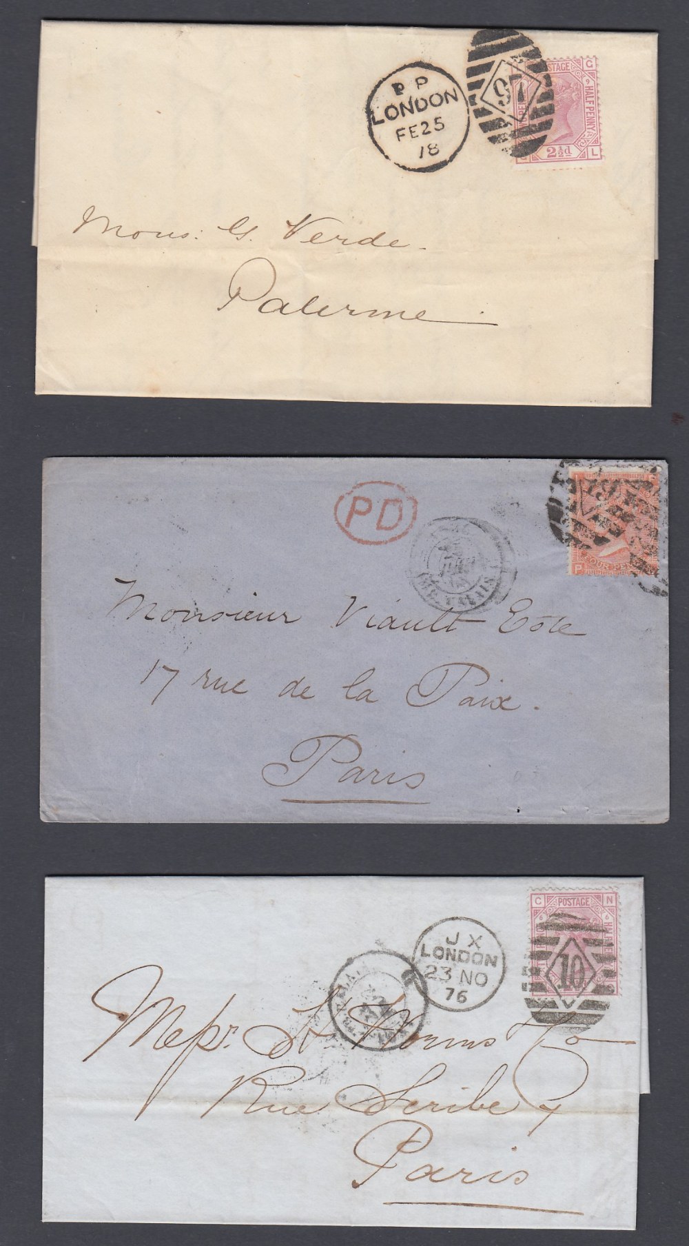 GREAT BRITAIN STAMPS : Three QV wrappers with surface printed stamps, all sent from London to Paris,