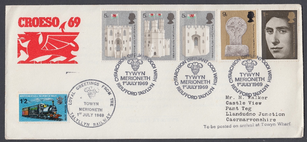 STAMPS GREAT BRITAIN FIRST DAY COVER 1969 Investiture of Prince of Wales, Talyllyn Railway,