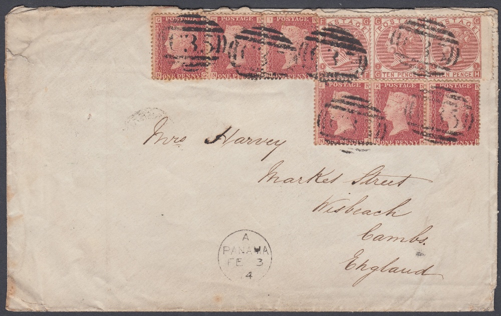 POSTAL HISTORY PANAMA, 1874 envelope franked with two stripe of three 1d red (pl.