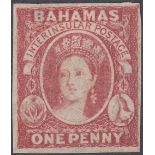 STAMPS BAHAMAS 1859 1d Reddish Lake, un-used no gum with small thin,