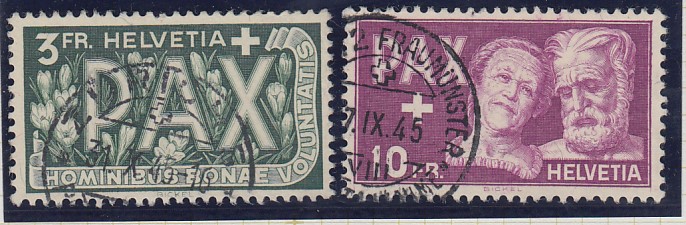 STAMPS SWITZERLAND 1945 Peace, 3Fr & 10Fr values fine used, SG 457 & 458.