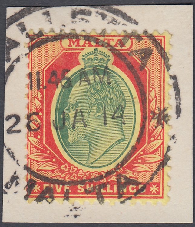 STAMPS MALTA 1904-14 GV 5/- green & red/yellow, fine used on piece with Valletta datestamp, SG 63.