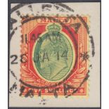 STAMPS MALTA 1904-14 GV 5/- green & red/yellow, fine used on piece with Valletta datestamp, SG 63.