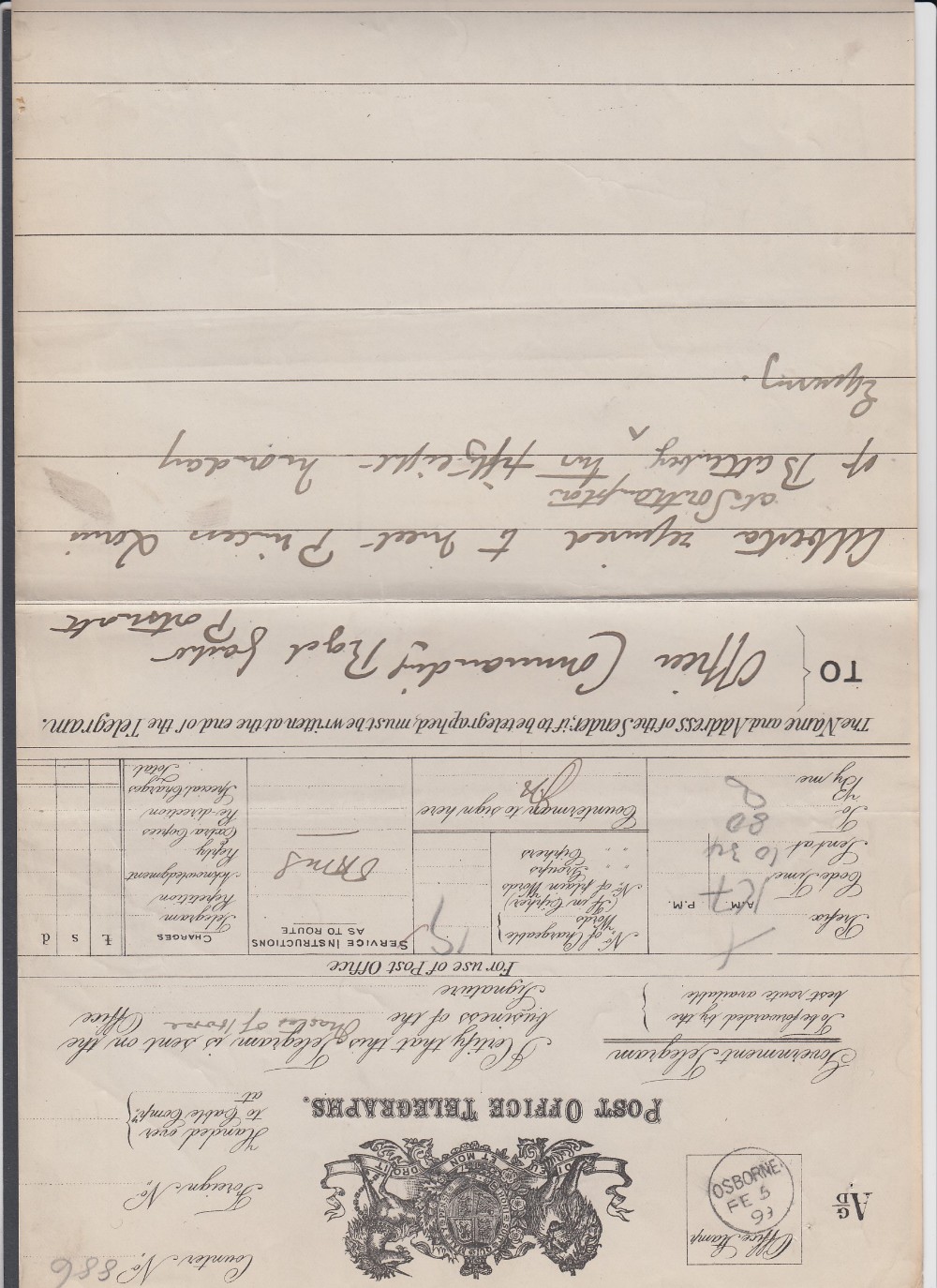 1899 Royal Telegram from Osbourne House - Image 2 of 2