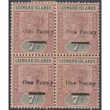STAMPS LEEWARD ISLANDS : 1902 1d on 7d mounted mint block of four toned gum,