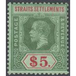 STAMPS : STRAITS SETTLEMENTS 1915 $5 Green and Red/Green,