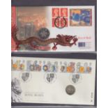 COINS : Forteen coin covers in album, mostly GB including Dickens £2, Golden Wedding £5 (x2),