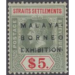 STAMPS : STRAITS SETTLEMENTS 1922 Malaya Borneo Exhibition $5 Green and Red/Blue-Green.