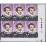 GREAT BRITAIN STAMPS : 1973 Explorers 7 1/2p unmounted mint corner block of six showing shift of