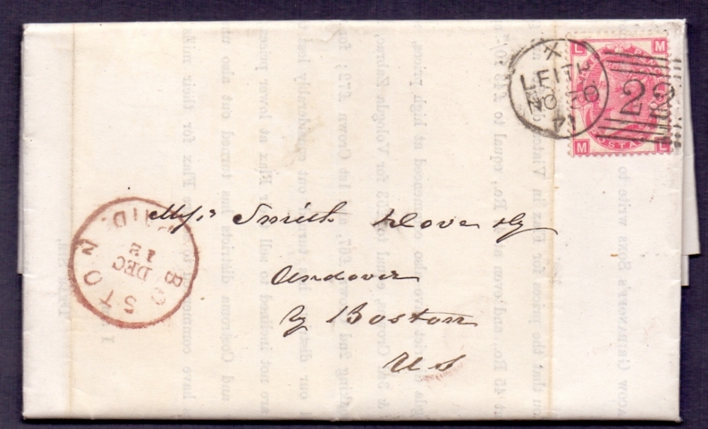 GREAT BRITAIN POSTAL HISTORY 1870 3d plate 6 on entire from Leith to Boston USA.