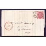 GREAT BRITAIN POSTAL HISTORY 1870 3d plate 6 on entire from Leith to Boston USA.