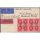 FIRST DAY COVERS : 1934 1d Red block of 8 used on first day of issue 24th Sept 1934 on airmail