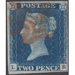 GREAT BRITAIN STAMPS 1840 2d Blue lettered LB very fine used four margin example with red MX