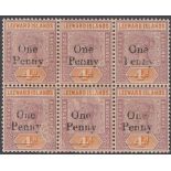 STAMPS LEEWARD ISLANDS : 1902 1d on 4d mint (no gum) block of 6 with the high narrow "O" variety SG